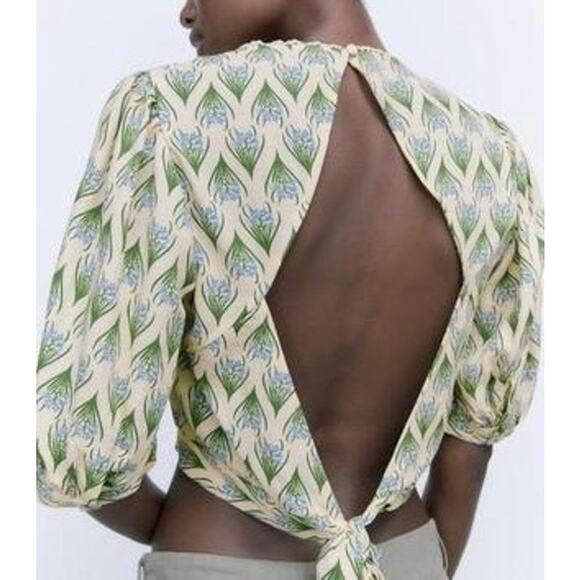 Zara Open Back Crop Top Small Floral Puff Sleeves Cottage Boho Preppy Vacation - Picture 3 of 15